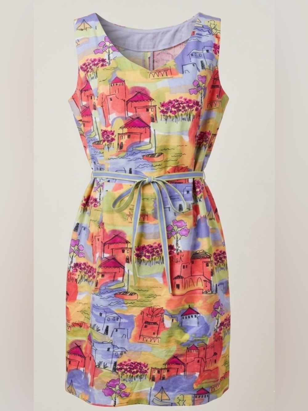 VTG Coldwater Creek Italian Village Novelty Print Sheath Dress Cotton Boho P14